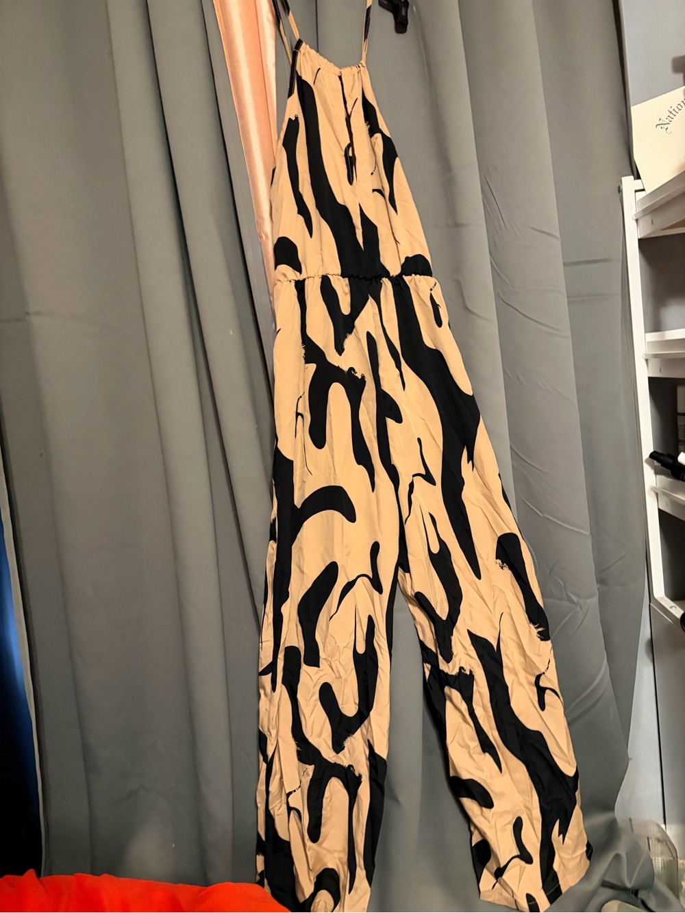SHEIN Black & Tan Abstract Print Spaghetti-Strap Jumpsuit